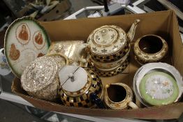 A TRAY OF ANTIQUE AND OTHER CERAMICS TO INCLUDE TEAPOT & STAND, METHODIST PLATE ETC