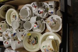 A BOX OF ASSORTED NURSERY WARE CERAMICS COMPRISING TEAWARE, DISHES ETC