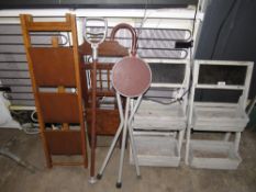 TWO WOODEN GARDEN BLACKBOARD PLANTERS, SHOOTING STICKS ETC