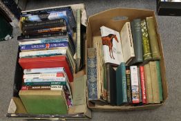 TWO TRAYS OF BOOKS TO INCLUDE EQUESTRIAN EXAMPLES ETC