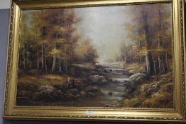 A GILT FRAMED OIL ON CANVAS OF A WOODED STREAM SIGNED MIKE LOWER LEFT
