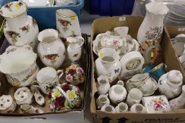 TWO TRAYS OF ASSORTED CERAMICS TO INCLUDE ROYAL ALBERT OLD COUNTRY ROSES, ROYAL CROWN DERBY ETC