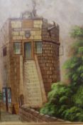 AN OIL ON BOARD DEPICTING A WATCHTOWER