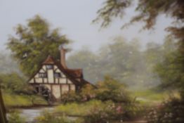 A PAIR OF GILT FRAMED OIL ON CANVAS PAINTINGS, SIGNED TERRY HEATH LOWER LEFT (1943-2011) WITH