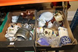 TWO TRAYS OF ASSORTED CERAMICS ETC TO INCLUDE A DECANTER