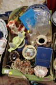 A TRAY OF ASSORTED CERAMICS AND GLASSWARE TO INCLUDE DECANTER, ROYAL DOULTON DICKENS WARE ETC