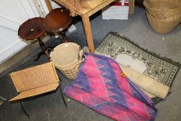 THREE VINTAGE RUGS TOGETHER WITH TWO WINE TABLES, MAGAZINE RACK AND PAPER BIN (7)