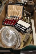 A TRAY OF ASSORTED METALWARE TO INCLUDE MINORS LAMP, LIDDED TUREEN ETC
