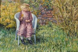 A FRAMED P KNIGHTINGALE OIL ON CANVAS OF A YOUNG GIRL WITH FLOWER