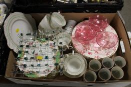 A TRAY OF ASSORTED CERAMICS AND GLASSWARE TO INCLUDE PARAGON ETC