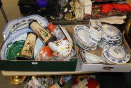 TWO TRAYS OF ASSORTED CHINA TO INC A PAIR OF BRETBY VASES, BOOTHS BLUE AND WHITE ETC