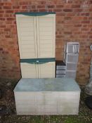 THREE PLASTIC GARDEN STORAGE CONTAINERS AND TWO RACKS