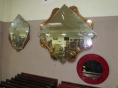 A VINTAGE SHAPED AND ETCHED WALL MIRROR W-86 CM, A VINTAGE DECO EXAMPLE AND A CIRCULAR MIRROR (3)