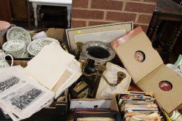 A TRAY OF SUNDRIES TO INC A SILVER PLATED CHAMPAGNE BUCKET, GRECO ROMAN STYLE CANDLESTICKS ETC