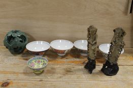 A COLLECTION OF ORIENTAL ITEMS TO INC SMALL FAMILLE YELLOW BOWL WITH CHARACTER MARK TO BASE,