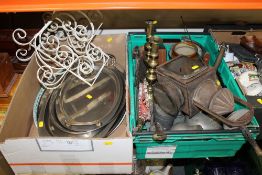 TWO TRAYS OF ASSORTED METALWARE TO INCLUDE A VINTAGE LANTERN