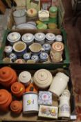 THREE TRAYS OF KITCHENALIA TO INCLUDE MODERN AND VINTAGE STORAGE JARS, ENAMEL ITEMS ETC