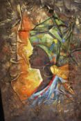 A FRAMED UNUSUAL AFRICAN LADY IN A HEADDRESS OIL TOGETHER WITH A PLASTER ? PICTURE