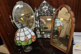 TWO DRESSING TABLE MIRRORS AND A WALL MIRROR TOGETHER WITH A TIFFANY STYLE LAMP (4)