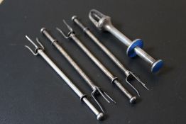 A SET OF A SHARNING OF NORWAY SILVER AND ENAMEL PICKLE TONGS, together with four 'sterling'