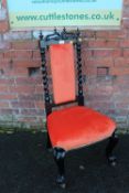 A VICTORIAN EBONISED BARLEYTWIST PRAYER CHAIR WITH MODERN UPHOLSTERY