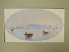 JOSEPH BONELLO (b.1900). An oval view of Valetta harbour, Malta, with boats and figures, signed with