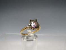 A 9K GOLD MYSTIC TOPAZ AND DIAMOND SET DRESS RING, ring size S, approximate 2.4 g
