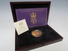 A QUEEN ELIZABETH II 90TH BIRTHDAY 22CT GOLD PROOF £5 COIN, approx 40 g, with certificate and