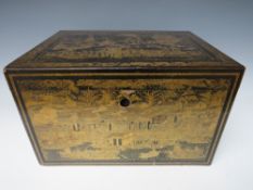 A 19TH CENTURY CHINESE DECORATIVE TEAPOY, with interior lidded metal tea canister, H 21 cm,W 26