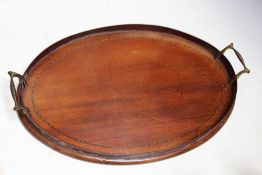 AN INLAID MAHOGANY TWIN HANDLED GALLERY TRAY, W 46 cm