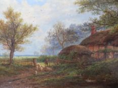 EDWIN TAYLOR (XIX). A wooded rural landscape with sheep and figures before a thatched cottage,