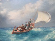 GINO. A stormy coastal seascape with figures in a sailboat approaching shorewards in a heavy