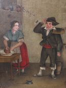 (XIX). Continental naive school, kitchen interior with man & woman, unsigned, oil on canvas, framed,