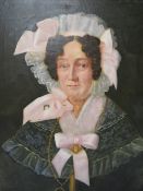 (XIX). A portrait study of a lady with white bonnet and gold necklaces, unsigned, oil on canvas,