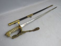 A 20TH CENTURY ELIZABETH II DECORATIVE NAVAL OFFICERS DRESS SWORD, with gold metal hand guard, in