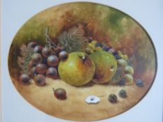CHRISTOPHER HUGHES (XX). An oval still life study of fruit on a mossy bank, signed lower right, wate