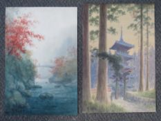 E. KATO (b.1900). Japanese school, wooded river landscape with figure on footbridge, together with