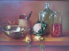 BOJTOR KAROLY (b.1933). Continental school, still life study of glass jars, brassware & vegetables