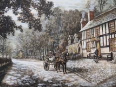 HERBERT ST JOHN JONES (b. CIRCA 1900). Village scene with horse, carriage and figures before The