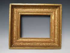 A 19TH CENTURY GOLD FRAME WITH LEAF DESIGN FOR RESTORATION, frame W 8 cm, rebate 19 x 27 cm