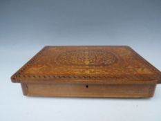 AN INLAID MUSICAL WOODEN GAMES / JEWELLERY BOX A/F, the hinged lid with profuse decoration, when lid