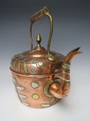 A 19TH CENTURY COPPER KETTLE WITH WHITE METAL INLAY, H 28 cm