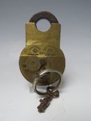 A 19TH CENTURY BRASS AND STEEL PADLOCK BY G. COTTERILL & Co. BIRMINGHAM, complete with two keys,