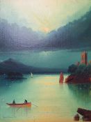 HARRY HALSEY. A moonlit Loch scene with figures in rowing boat 'A Passing Cloud, Moonlight, Loon