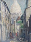 (XIX-XX). A street scene in Monmartre with dogs and figures, Sacre Coeure in background, unsigned,