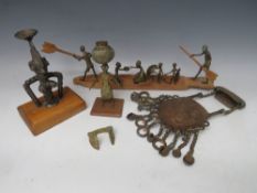 A COLLECTION OF AFRICAN TRIBAL METAL FIGURES ETC. to include a lady carrying water, various