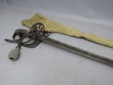 A VINTAGE DRESS SWORD WITH METAL HAND GUARD, inscribed on top of blade H.W.C. (blade loose), in a