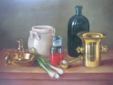 BOJTOR KAROLY (b.1933). Continental school, still life study of bottles, pot & brassware on a table,