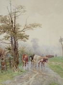 CHARLES PIGOTT (1863-1940). Misty wooded landscape with cattle and drover in a lane, signed bottom