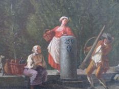 (XIX). A wood lined roadside scene with figures and dog, unsigned, oil on panel, framed, 22 x 29 cm